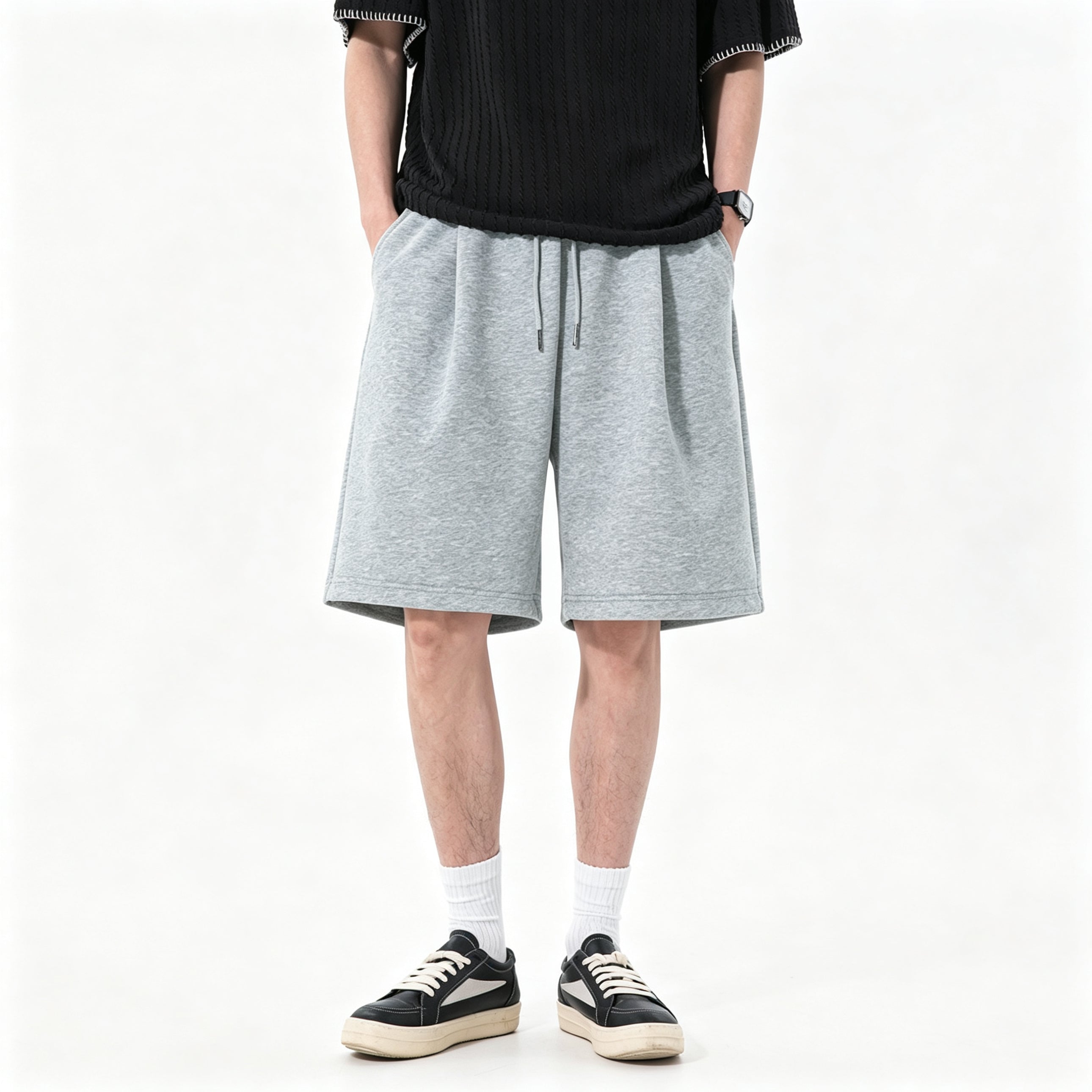 Men's Heather Gray Loose Cotton Sweat Shorts Elastic Drawstring Waist
